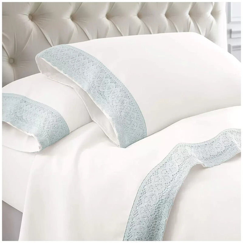 Kingtex 1500TC Crochet-lace Microfibre Sheet Set King ice blue/ white