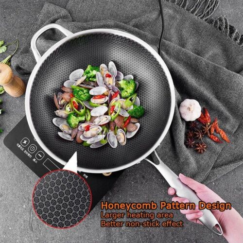 32cm 304 Stainless Steel Non-Stick Stir Fry Cooking Kitchen Honeycomb Wok Pan with Lid