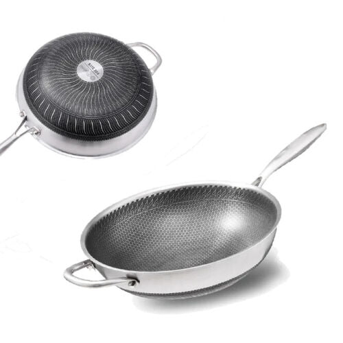 34cm 304 Stainless Steel Non-Stick Stir Fry Cooking Kitchen Honeycomb Wok Pan with Lid