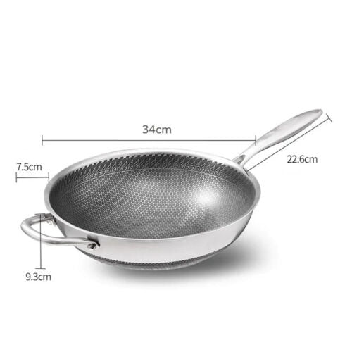 34cm 304 Stainless Steel Non-Stick Stir Fry Cooking Kitchen Honeycomb Wok Pan with Lid