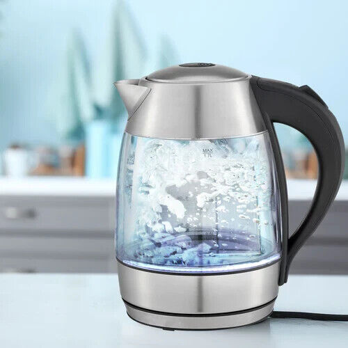 Kitchen Couture Cool Touch Slimline Stainless Steel Blue LED Glass Kettle 1.7L