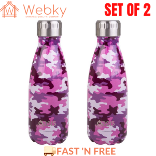 2 x Insulated Drink Bottle Stainless Steel Double Wall Thermo 350ml - Camo Pink