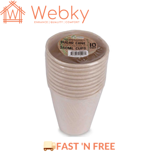 10 Pck Eco Friendly Disposable Party Cups 260ml Biodegradable Sugar Cane