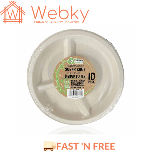 10 Pck Eco Disposable Party Divided Plate 23cm Biodegradable Sugar Cane