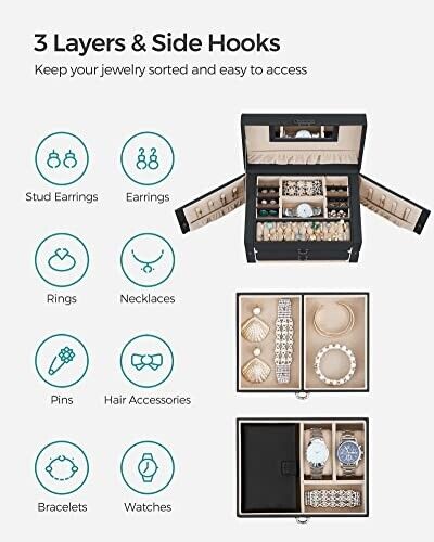 SONGMICS Large Lockable Jewellery Box with 2 Drawers Mirror