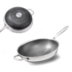 32cm 304 Stainless Steel Non-Stick Stir Fry Cooking Kitchen Honeycomb Wok Pan with Lid