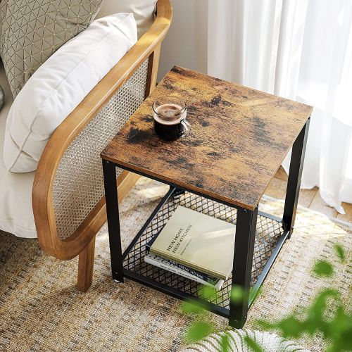 2-Tier End Side Table with Storage Shelf, Metal Frame Wood Look Accent Furniture