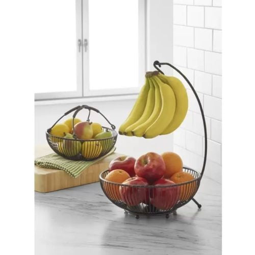 2 Tier Fruit Basket, Vegetables Bowl Storage For Kitchen With Banana Holder Hook