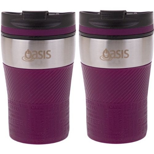 2 X Insulated Cup 280ml Double Wall Leakproof Travel Coffee Mug With Lid - Plum