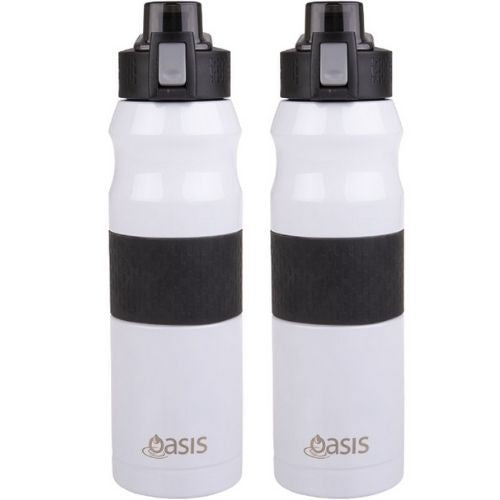 2 x Oasis Insulated Sports Bottle Flip-Top Lid Double Wall Stainless Steel 600ml White