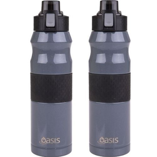 2 x Oasis Insulated Sports Bottle Flip-Top Lid Stainless Steel 600ml - Charcoal Grey