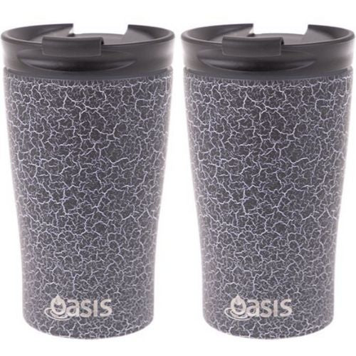 2 X Insulated Travel Double Wall Cup Stainless Steel Oasis 350ml - Black Crackle