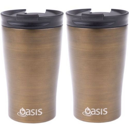 2 X Insulated Travel Double Wall Cup Stainless Steel Oasis 350ml - Gold Swirl