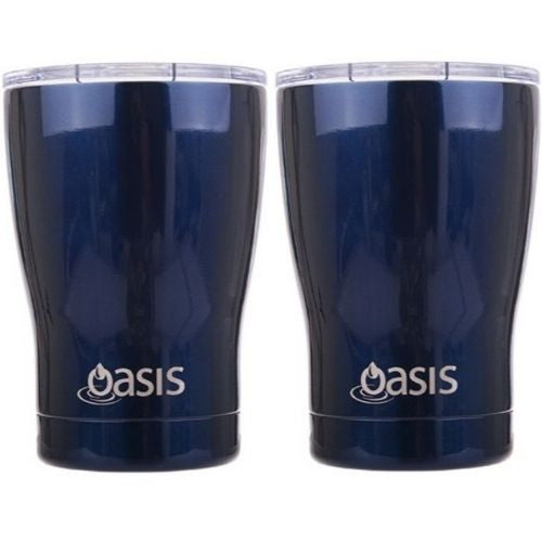 2 X Insulated Travel Double Wall Cup With Lid Stainless Steel Oasis 340ml - Navy