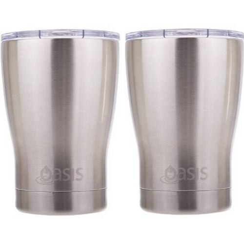 2 X Insulated Travel Double Wall Cup With Lid Stainless Steel Oasis 340ml Silver