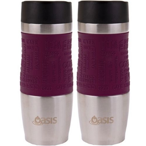 2 X Insulated Travel Mug Double Wall Stainless Steel Drink Cup W/ Lid 380ml Plum
