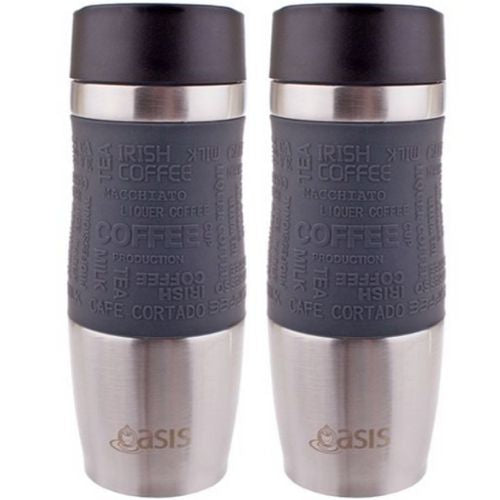 2 X Insulated Travel Mug Double Wall Stainless Steel W/ Lid 380ml Charcoal Grey