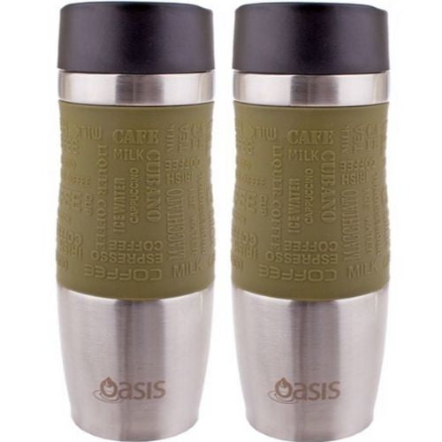 2 X Insulated Travel Mug Oasis Double Wall Stainless Steel W/ Lid 380ml Avocado