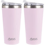 2 X Oasis Insulated Travel Double Wall Mug 480ml W/ Lid Coffee Cup - Carnation