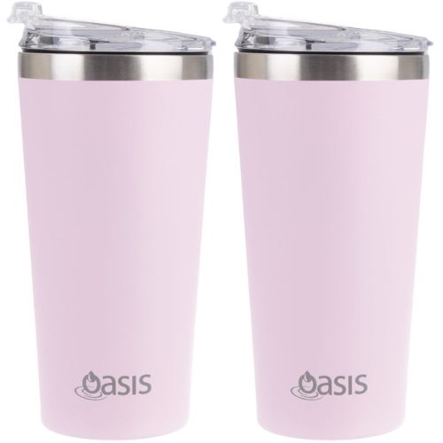 2 X Oasis Insulated Travel Double Wall Mug 480ml W/ Lid Coffee Cup - Carnation