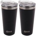 2 X Oasis Insulated Travel Double Wall Mug 480ml W/ Lid Coffee Cup - Matte Black