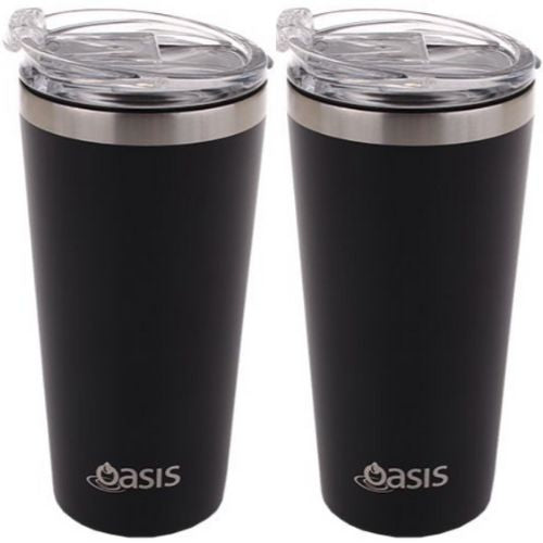 2 X Oasis Insulated Travel Double Wall Mug 480ml W/ Lid Coffee Cup - Matte Black