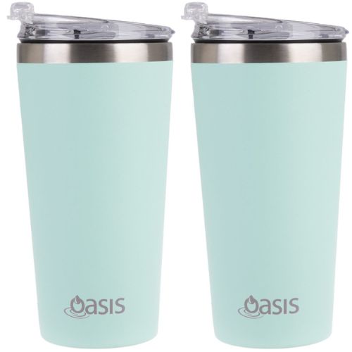 2 X Oasis Insulated Travel Double Wall Mug 480ml With Lid Coffee Cup - Mint