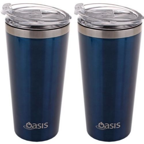 2 X Oasis Insulated Travel Double Wall Mug 480ml With Lid Coffee Cup - Navy