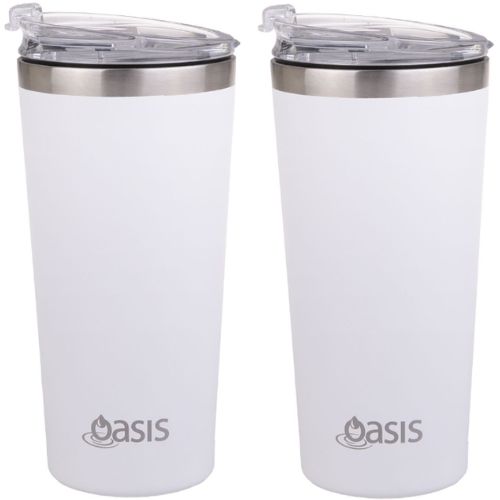 2 X Oasis Insulated Travel Double Wall Mug 480ml With Lid Coffee Cup - White