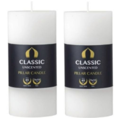 2 X Unscented Pillar Candles 7 x 15cm Classic White Wedding Dinner Candle 45hrs
