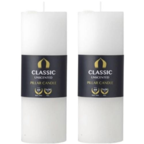 2 X Unscented Pillar Candles 7 x 20cm Classic White Wedding Dinner Candle 60hrs