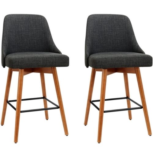 2x Artiss Bar Stools Swivel Wooden Fabric Kitchen Stool Square Footrest Charcoal