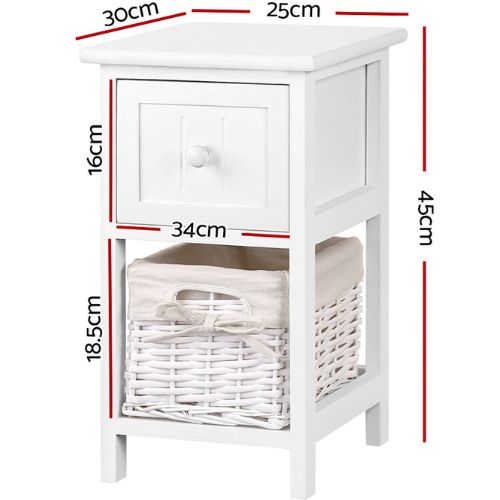 2 x Artiss Bedside Tables Storage Cabinet Drawer Table W/ Wicker Basket - White