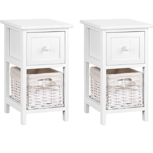 2 x Artiss Bedside Tables Storage Cabinet Drawer Table W/ Wicker Basket - White