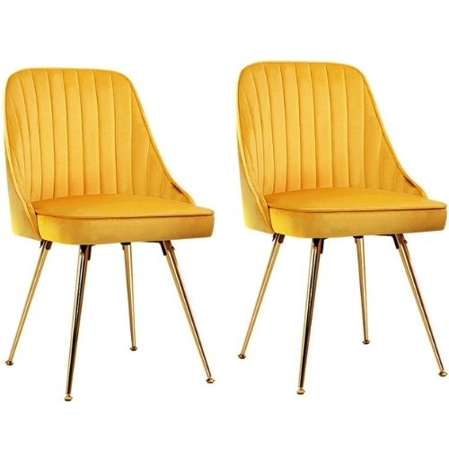 2 x Artiss Dining Chairs Velvet Upholstered Metal Legs Retro Cafe Chair - Yellow