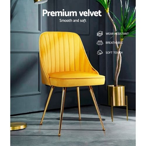 2 x Artiss Dining Chairs Velvet Upholstered Metal Legs Retro Cafe Chair - Yellow