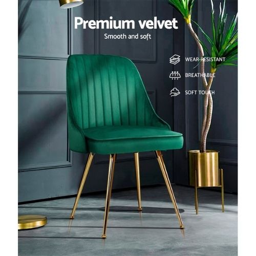 2 x Artiss Dining Chairs Velvet Upholstered w/ Steel Legs Retro Cafe Chair Green
