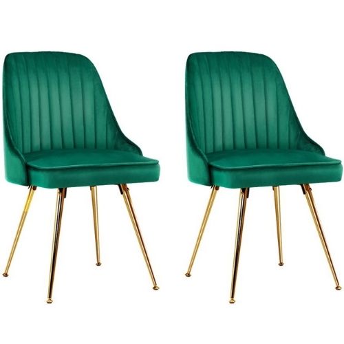 2 x Artiss Dining Chairs Velvet Upholstered w/ Steel Legs Retro Cafe Chair Green