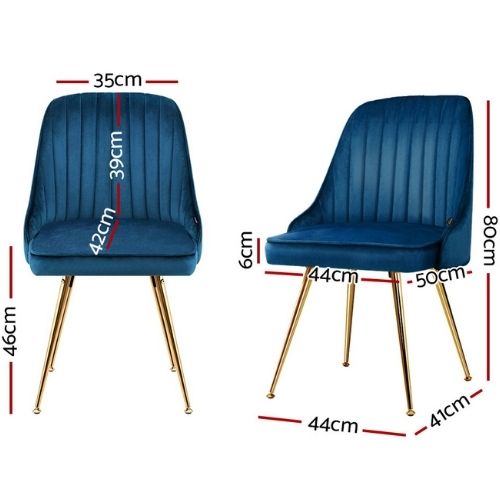 2 x Artiss Dining Chairs Velvet Upholstered w/ Steel Legs Retro Cafe Chair, Blue