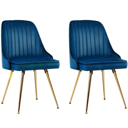 2 x Artiss Dining Chairs Velvet Upholstered w/ Steel Legs Retro Cafe Chair, Blue