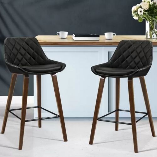 2 x Artiss Kitchen Bar Stools Wooden Stool Chairs Bentwood Leather - Black