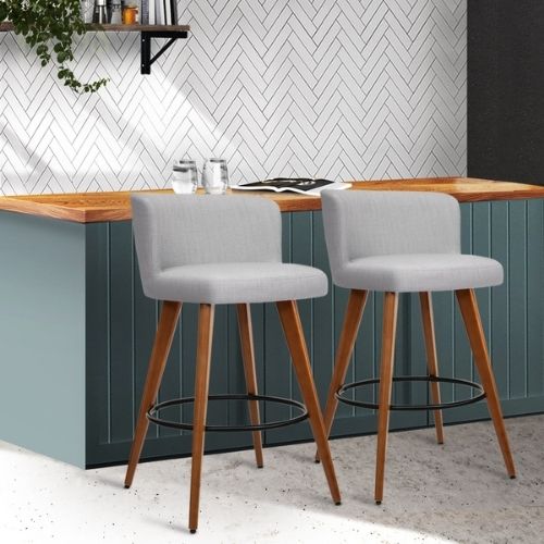 2 x Artiss Wooden Fabric Bar Stools Circular Footrest Kitchen Stool - Light Grey