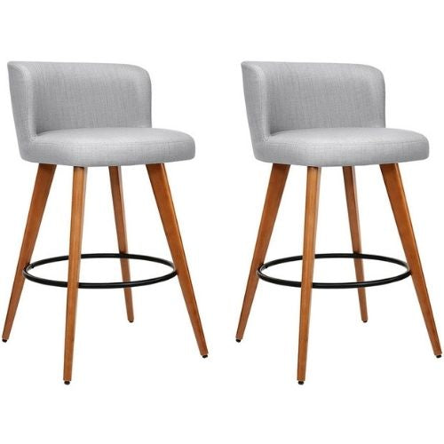 2 x Artiss Wooden Fabric Bar Stools Circular Footrest Kitchen Stool - Light Grey