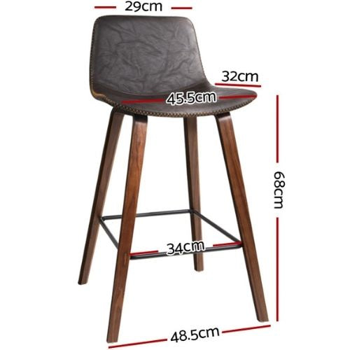 2 x Bar Stools PU Leather Square Footrest Counter Stool Chairs - Wood and Brown