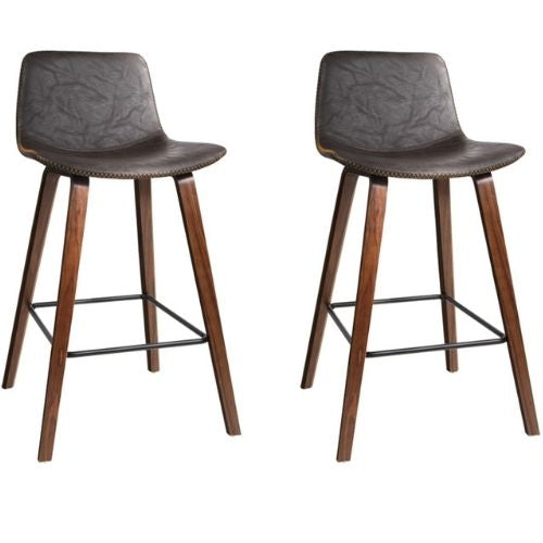 2 x Bar Stools PU Leather Square Footrest Counter Stool Chairs - Wood and Brown