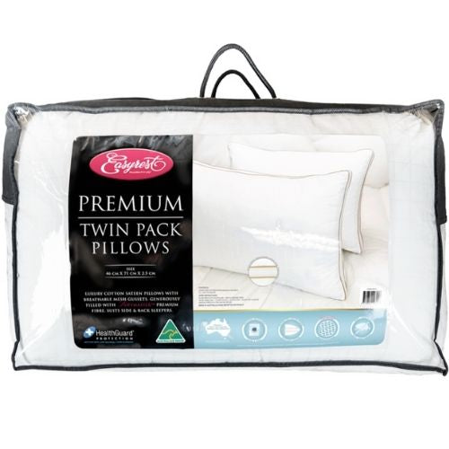 2 x Easyrest Premium Gusseted Pillows Luxury Cotton Sateen With LoftMaster Fibre