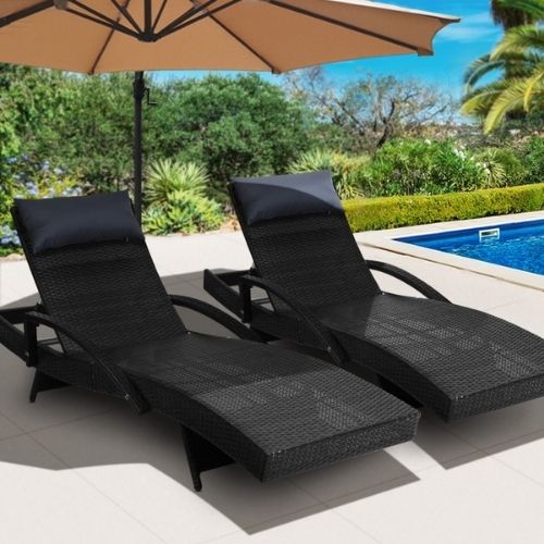 2x Gardeon Outdoor Sun Lounge Furniture With Pillows Rattan Garden Sofa - Black