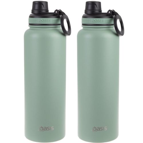 2 x Oasis 1.1L Stainless Steel Insulated Sports Bottle w Screw Cap - Sage Green