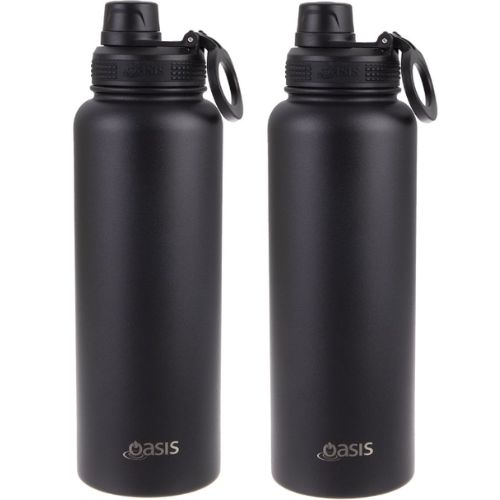 2 x Oasis 1.1L Stainless Steel Insulated Sports Bottle with Screw Cap - Black