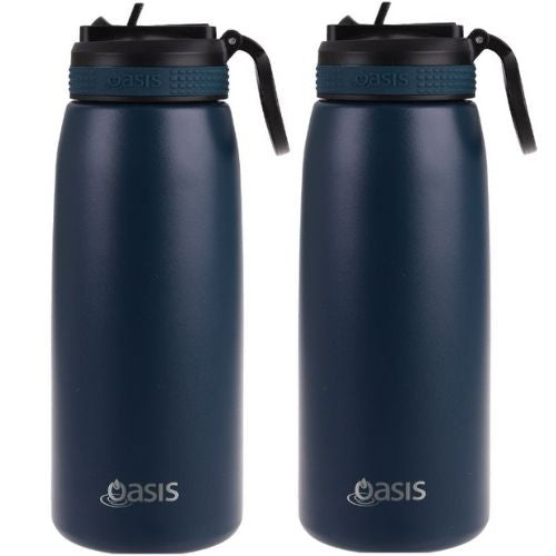 2 x Oasis 780ml Stainless Steel Insulated Sports Bottle with Sipper Straw - Navy